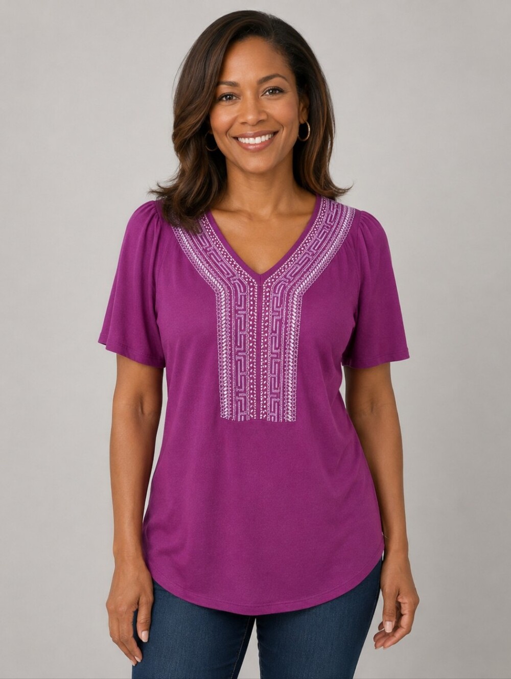 Vintage V-Neck Embellished Half Sleeve Top. Size M.